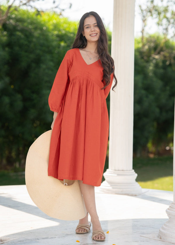 open lace back dress Buy Orange V-Neck Puff Sleeve Linen A-Line Dress online in India – Meeshara