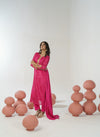 Rani pink bandhani hand embroidered straight kurta set