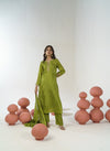 Parrot green bandhani hand embroidered straight kurta set