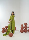Parrot green bandhani hand embroidered straight kurta set