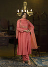 Coral pink metal hand embroidered anarkali set