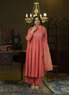 Coral pink metal hand embroidered anarkali set