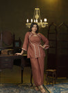Brown hand embroidered jacket Kurta and spaghetti top set