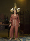 Brown hand embroidered jacket Kurta and spaghetti top set
