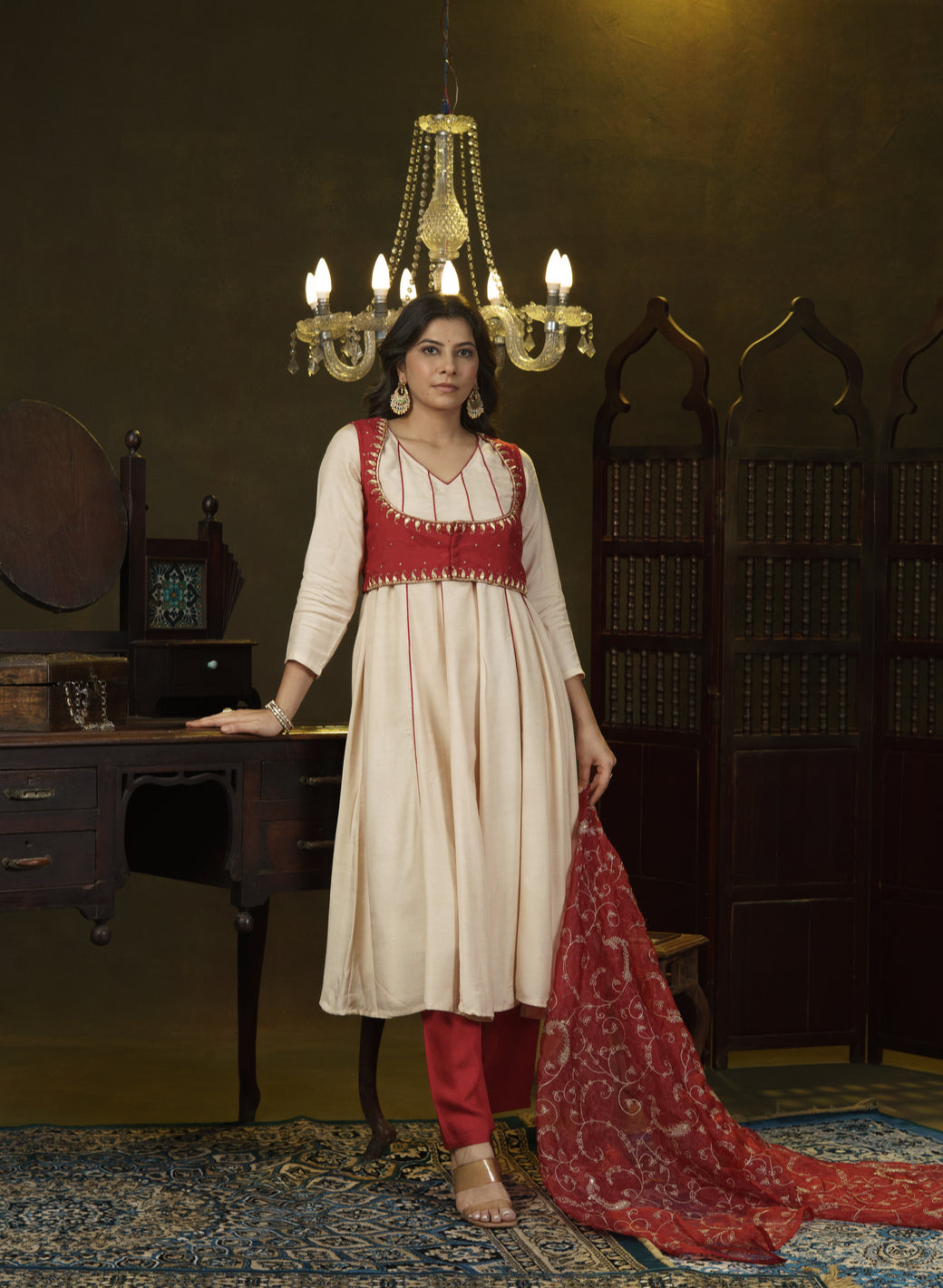 Red and Beige Hand Embroidered Anarkali Set
