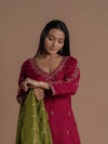 Women Kurta Pant Set With Dupatta-Magenta & Green, Ethnic & Wedding Wear