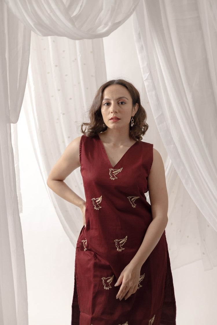 Maroon (Bird) Kurta Pant set