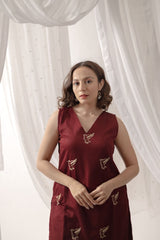 Sleeveless Maroon (Bird) Kurta Pant