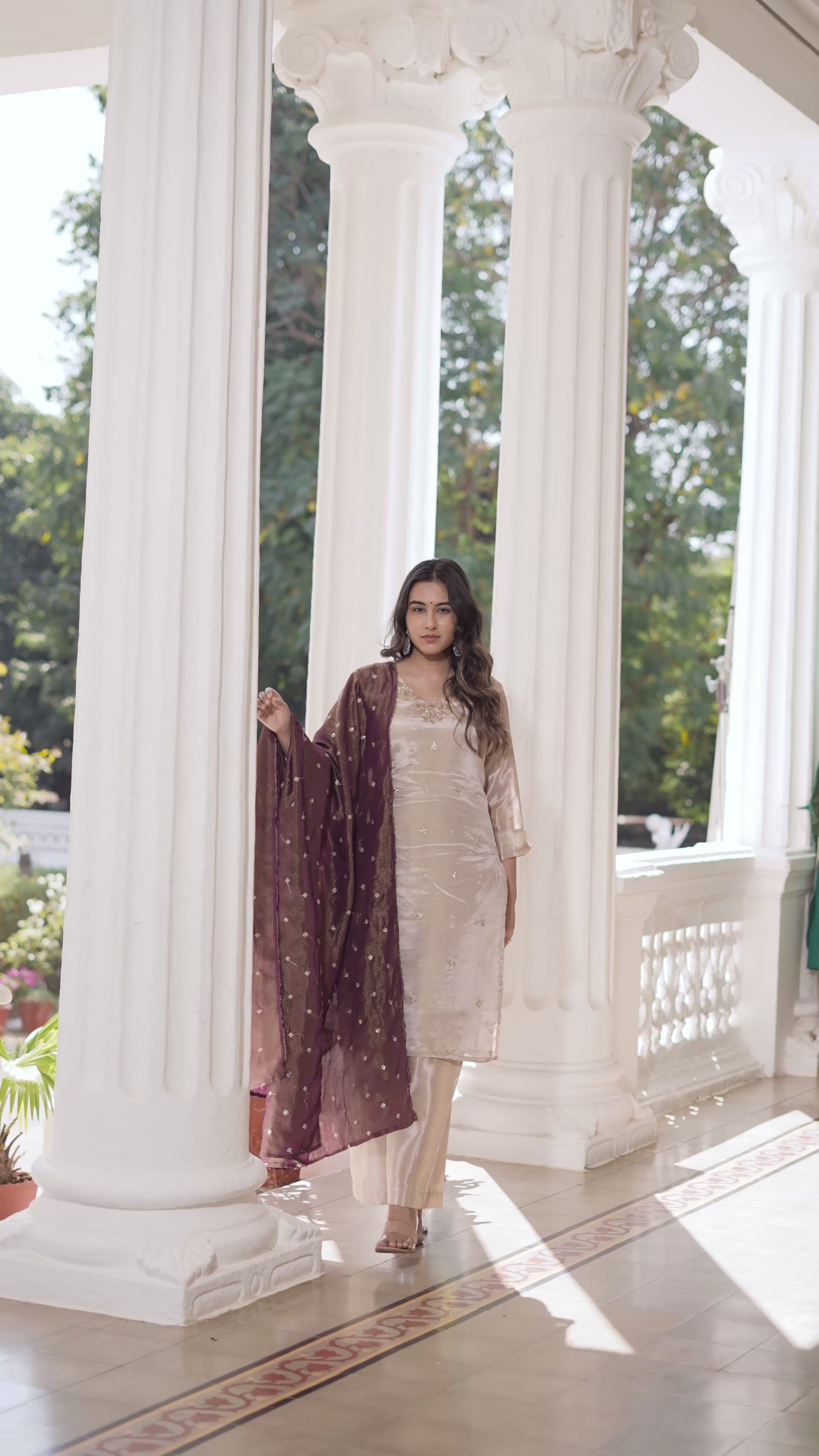 Women Silk Kurta Pant Set With Dupatta-Beige, Festive  & Wedding Wear