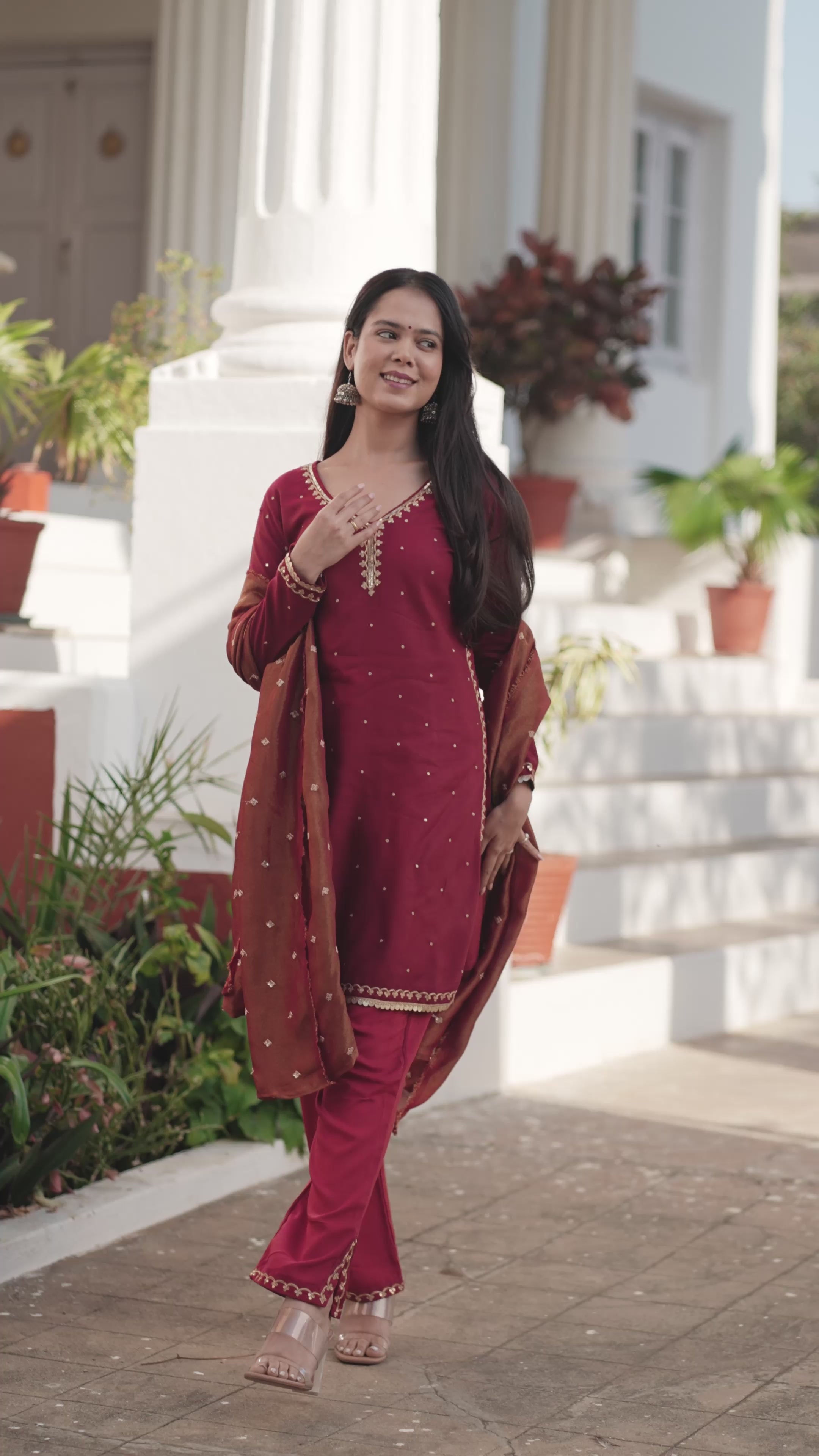 Women Kurta Pant Set With Dupatta-Red, Festive & Wedding Wear