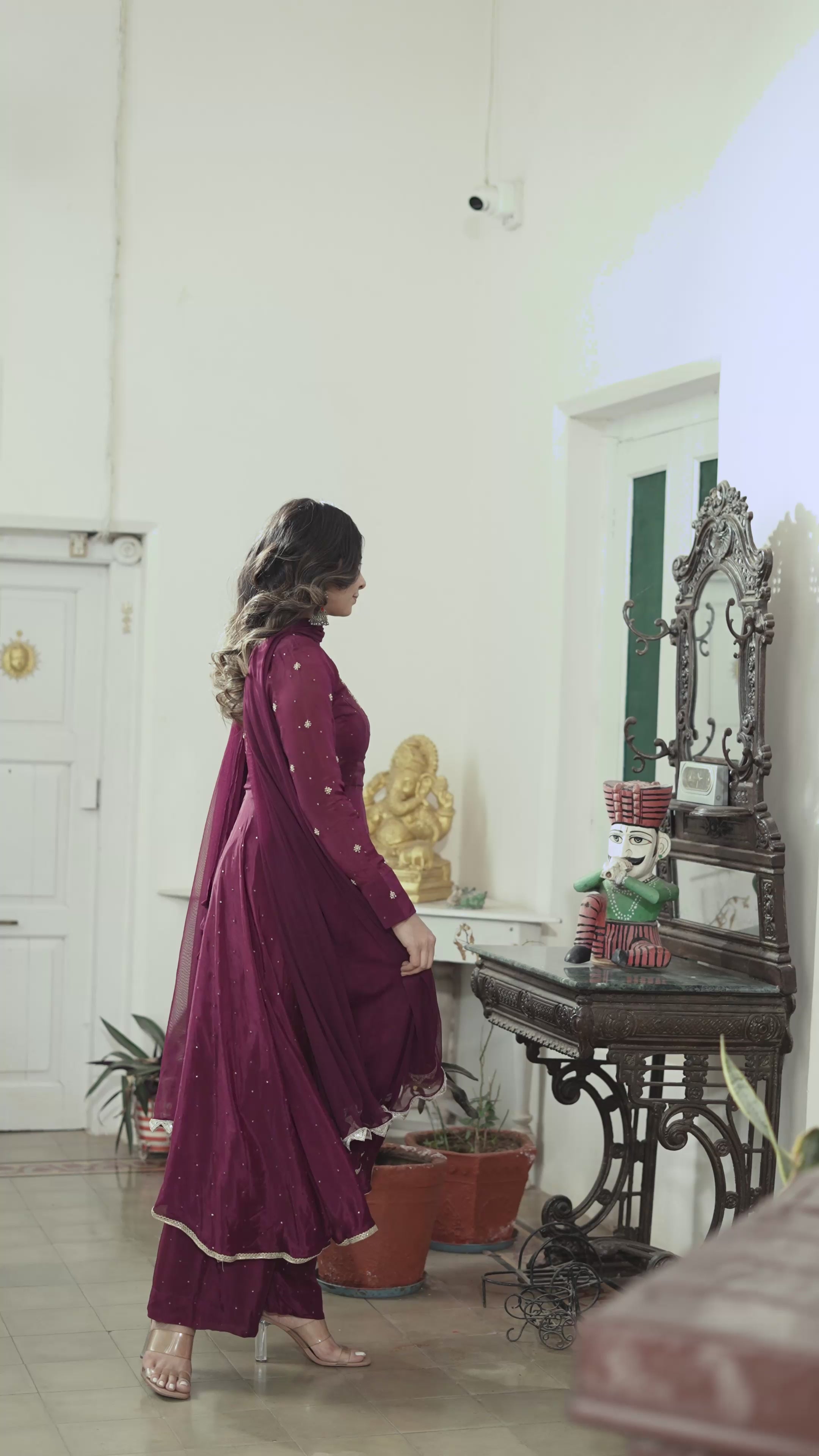 Wine Zardozi Anarkali Pant and Dupatta Set